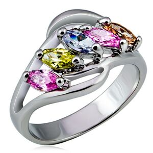 Kovový prsteň, rozvetvené ramená s farebnými zirkónmi v rade - Veľkosť: 58 mm