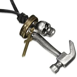Kožený náhrdelník - kladivo, lebka, kríž a kruhy