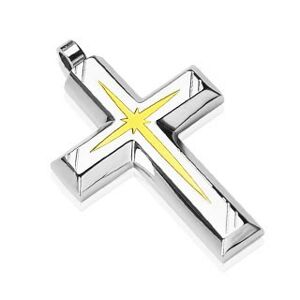 Kríž - prívesok s gravírovaním, strieborno-zlatá farba