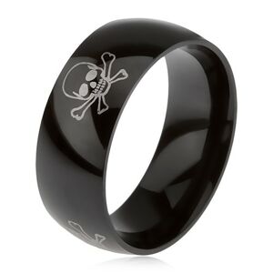 Lesklý čierny prsteň z ocele 316L, oceľovosivá potlač, lebky s prekríženými hnátmi - Veľkosť: 70 mm