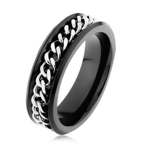 Lesklý čierny prsteň z ocele 316L, retiazka v striebornom odtieni - Veľkosť: 54 mm