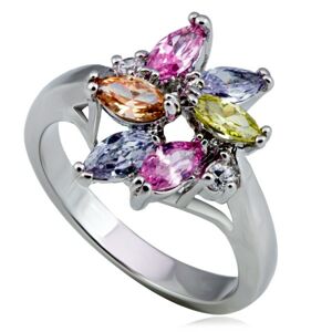 Lesklý kovový prsteň - kvet, farebné slzičkové a okrúhle zirkóny - Veľkosť: 52 mm