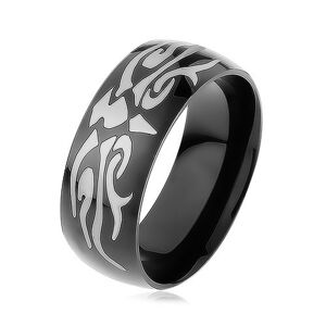 Lesklý oceľový prsteň čiernej farby, šedý motív tribal, hladký povrch - Veľkosť: 69 mm
