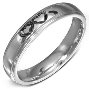 Lesklý oceľový prsteň - hladká obrúčka s dvoma spojenými srdciami - Veľkosť: 52 mm