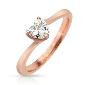 Lesklý oceľový prsteň medenej farby, číre zirkónové srdiečko - Veľkosť: 49 mm