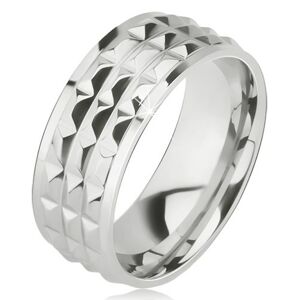 Lesklý oceľový prsteň - obrúčka striebornej farby, ozdobné diamantové plôšky - Veľkosť: 65 mm