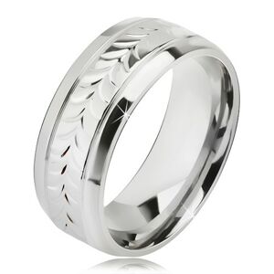 Lesklý oceľový prsteň, ryhy, vzor z rozdvojených lístkov - Veľkosť: 62 mm