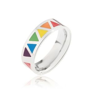 Lesklý oceľový prsteň s farebnými trojuholníkmi - Veľkosť: 60 mm