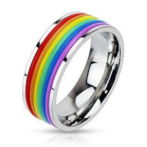 Lesklý oceľový prsteň s gumenými pásikmi vo farbách dúhy - Veľkosť: 54 mm