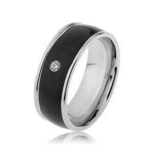 Lesklý oceľový prsteň striebornej farby, čierny vypuklý pás s čírym zirkónom - Veľkosť: 65 mm