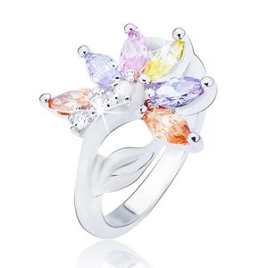 Lesklý oceľový prsteň, striebornej farby, kvet s farebnými zirkónovými lupeňmi - Veľkosť: 54 mm