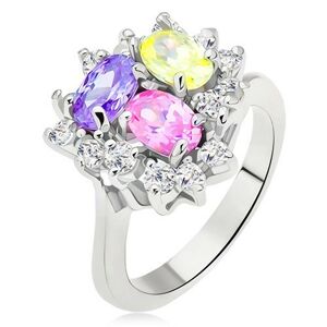 Lesklý prsteň, farebné oválne zirkóny, číra línia trojuholník - Veľkosť: 49 mm