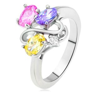 Lesklý prsteň - farebné oválne zirkóny, línia dvojitého S, číry kamienok - Veľkosť: 58 mm