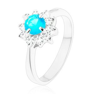 Lesklý prsteň s úzkymi hladkými ramenami, zirkónový kvet modrej a čírej farby - Veľkosť: 51 mm