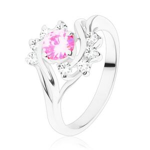 Lesklý prsteň s úzkymi ramenami v striebornej farbe, ružový zirkón, číry oblúk - Veľkosť: 57 mm