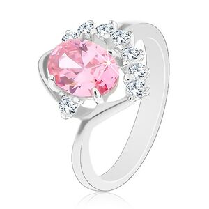 Lesklý prsteň so zahnutým ramenom, ružový ovál, zirkónový číry oblúk, oblúčik - Veľkosť: 54 mm