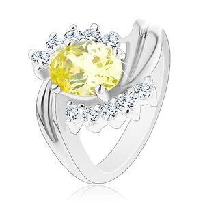 Lesklý prsteň so zvlnenými líniami ramien, oválny žltý zirkón, číre zirkónové oblúčiky - Veľkosť: 59 mm