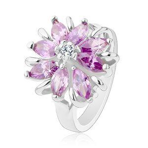 Lesklý prsteň, strieborný odtieň, ligotavý kvet z farebných zrniečkových zirkónov - Veľkosť: 53 mm, Farba: Modrá