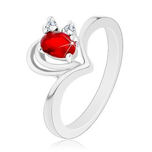 Lesklý prsteň v striebornej farbe, obrys srdiečka, červeno-číre zirkóniky - Veľkosť: 61 mm