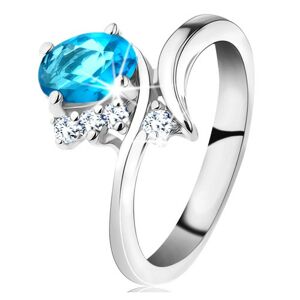 Lesklý prsteň v striebornej farbe, oválny akvamarínový zirkón, úzke ramená - Veľkosť: 60 mm