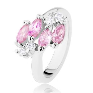 Lesklý prsteň v striebornej farbe, ružové zirkónové zrnká, číre zirkóniky - Veľkosť: 59 mm