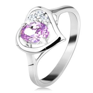 Lesklý prsteň v striebornej farbe s obrysom srdca, svetlofialový oválny zirkón - Veľkosť: 55 mm