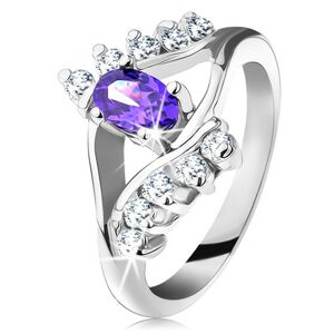Lesklý prsteň v striebornom odtieni s fialovým oválnym zirkónom, číra línia - Veľkosť: 61 mm