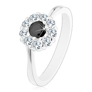 Lesklý prsteň v striebornom odtieni, zirkónový kvietok s čiernym stredom - Veľkosť: 58 mm