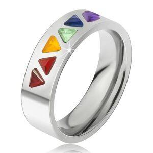 Lesklý prsteň z ocele, farebné trojuholníkové kamienky - Veľkosť: 61 mm
