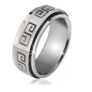 Lesklý prsteň z ocele - matná točiaca sa obruč, sivý grécky kľúč - Veľkosť: 62 mm