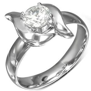 Lesklý prsteň z ocele, ozdobné vlnky, brúsený zirkón v kotlíku - Veľkosť: 60 mm