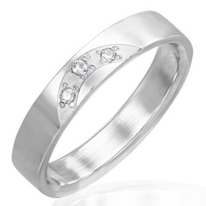 Lesklý prsteň z ocele - tri vsadené číre zirkóny - Veľkosť: 58 mm