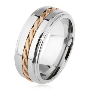 Lesklý tungstenový prsteň, strieborná farba, vyvýšená stredová časť, pletený vzor - Veľkosť: 54 mm