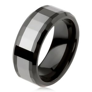 Lesklý volfrámový prsteň, dvojfarebný, geometricky brúsený povrch - Veľkosť: 49 mm