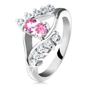 Ligotavý prsteň so zirkónovým ružovo-čírym okom, rozdvojené ramená - Veľkosť: 49 mm