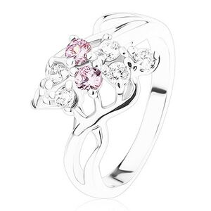 Ligotavý prsteň, strieborná farba, mašlička z ružových a čírych zirkónov - Veľkosť: 51 mm