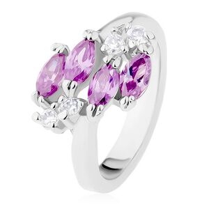 Ligotavý prsteň striebornej farby, fialové zirkónové zrnká, číre zirkóniky - Veľkosť: 50 mm