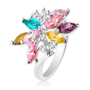 Ligotavý prsteň striebornej farby, veľký asymetrický kvet z farebných zirkónov - Veľkosť: 52 mm