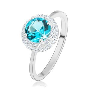 Ligotavý prsteň, striebro 925, okrúhly zirkón akvamarínovej farby, číry lem - Veľkosť: 52 mm