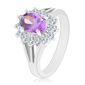 Ligotavý prsteň v striebornej farbe, fialový ovál, priezračná zirkónová obruba - Veľkosť: 52 mm