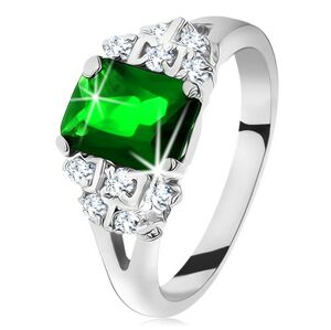 Ligotavý prsteň v striebornej farbe, smaragdovo zelený zirkón, rozdelené ramená - Veľkosť: 54 mm