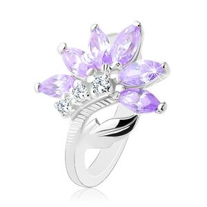 Ligotavý prsteň v striebornej farbe, svetlofialový kvet, lesklý list - Veľkosť: 48 mm