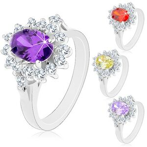 Ligotavý prsteň v striebornej farbe, veľký oválny kvet zo zirkónov - Veľkosť: 55 mm, Farba: Svetložltá
