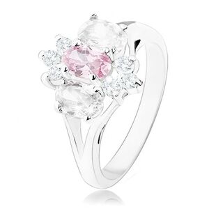 Ligotavý prsteň v striebornom odtieni, rozdelené ramená, ružovo-číry kvet - Veľkosť: 58 mm