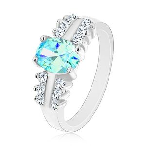 Ligotavý prsteň z ocele, číre zirkónové línie, oválny farebný zirkón - Veľkosť: 49 mm, Farba: Aqua modrá