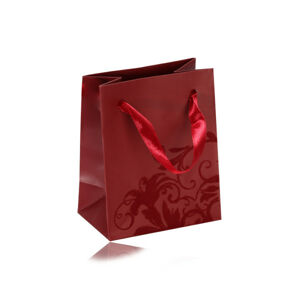 Malá papierová taštička na darček, matný povrch v bordovom odtieni, zamatový ornament