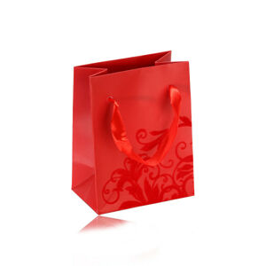 Malá papierová taštička na darček, matný povrch v červenom odtieni, zamatový ornament