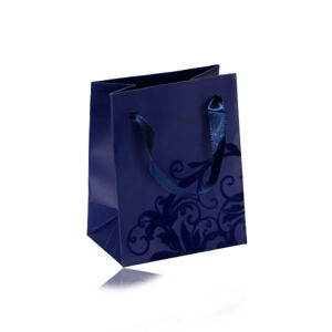 Malá papierová taštička na darček, matný povrch v modrom odtieni, zamatový ornament