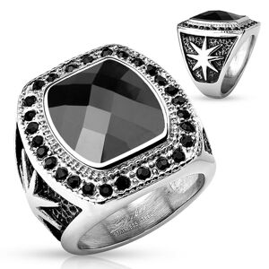 Masívny oceľový prsteň striebornej farby, veľký čierny kameň a okrúhle zirkóniky - Veľkosť: 67 mm