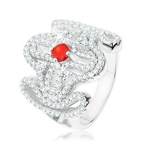 Masívny prsteň, striebro 925, červený zirkónik, rozsiahly ornament - kríž - Veľkosť: 58 mm